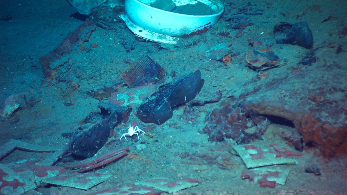 This 2004 image provided by the University of Rhode Island's Institute for Exploration and Center for Archaeological Oceanography and the National Oceanic and Atmospheric Administration's Office of Ocean Exploration shows the shoes of one of the possible victims of the Titanic disaster. 