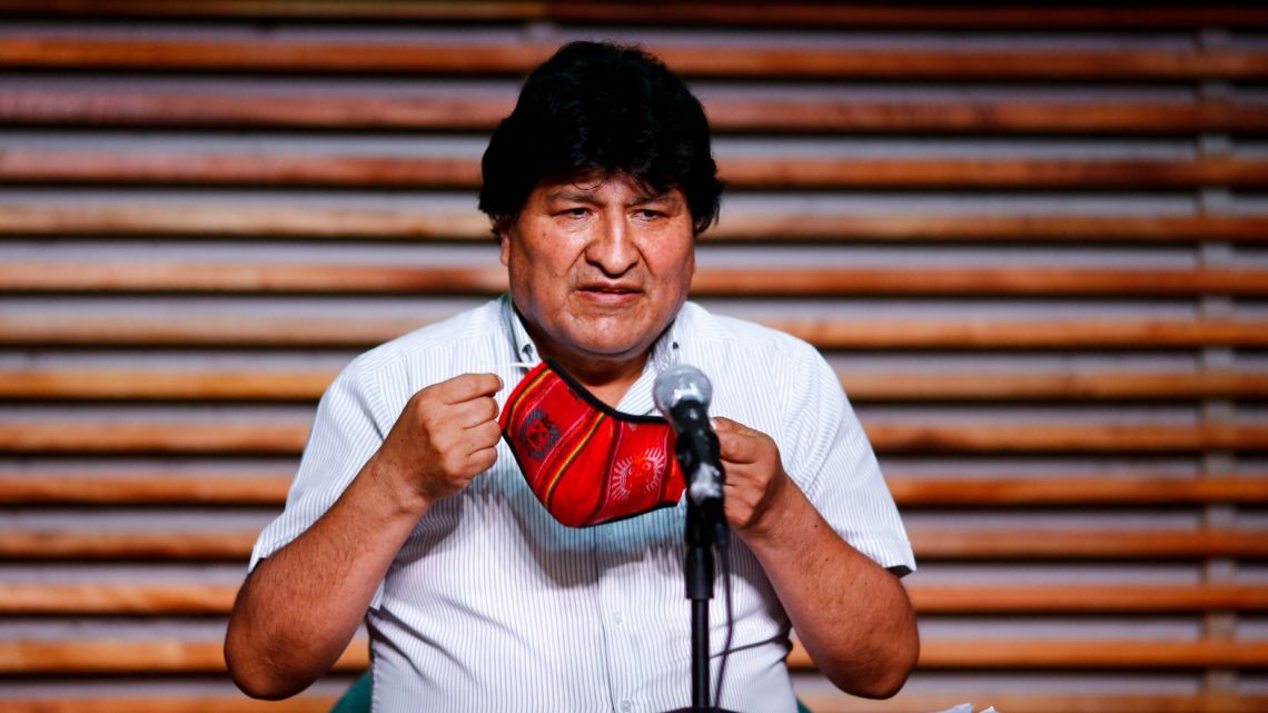 Former Bolivian president Evo Morales arrives to a press conference in Buenos Aires, Argentina, after general elections in his home country, Monday, October 19. 2020. 