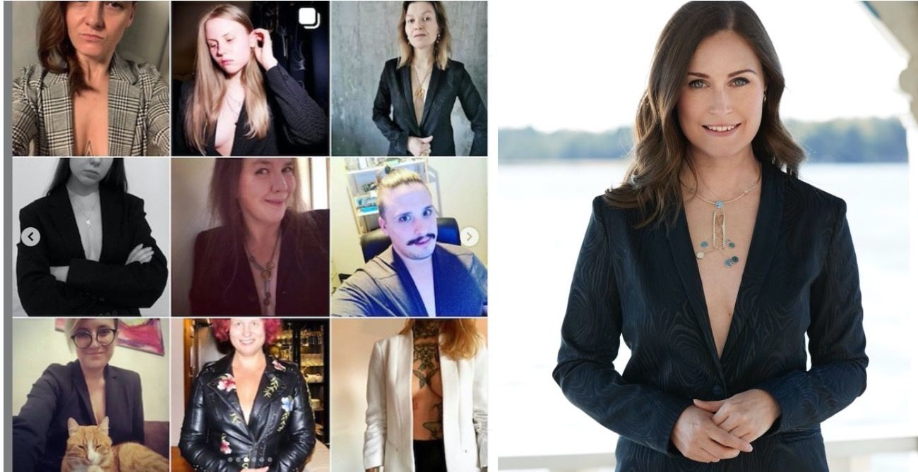 Sanna Marin, primera ministra de Finlandia, con la foto que generó críticas por el escote y el hashtag de apoyo #ImWithSanna.