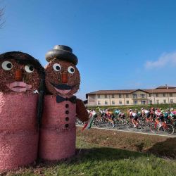La manada pasa junto a fardos de paja que representan a dos personajes durante la vigésima etapa de la carrera ciclista Giro d'Italia 2020, una ruta de 198 kilómetros entre Alba y Sestriere. | Foto: Luca Bettini / AFP