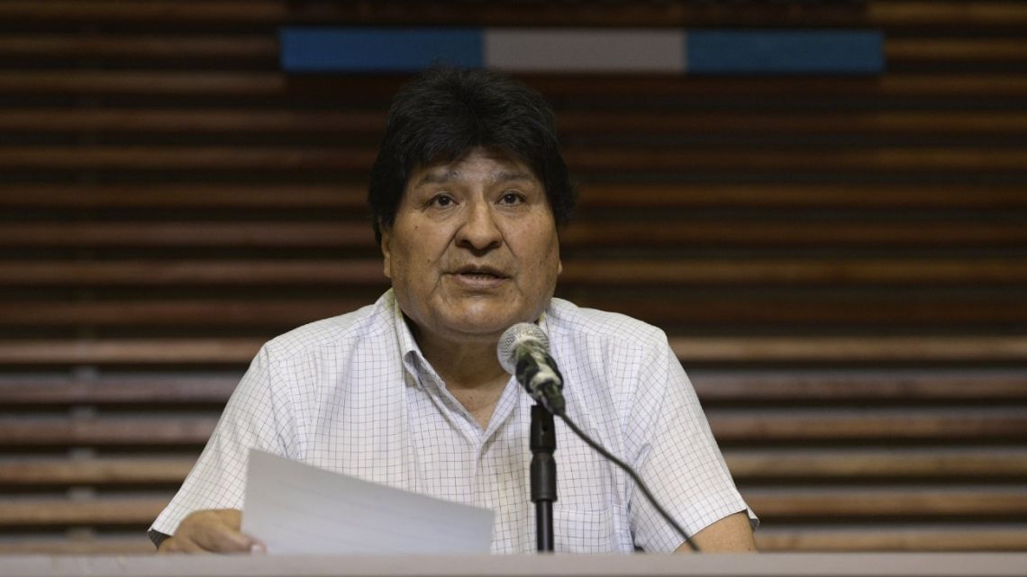 Former Bolivian president Evo Morales speaks during a press conference in Buenos Aires, on October 22, 2020, amid the coronavirus pandemic.