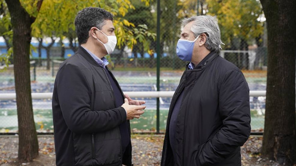 Archivo abril 2020. Jorge Macri junto a Alberto Fernández.