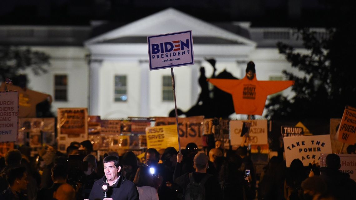 Demonstrators gather at Black Lives Matter plaza across from the White House on election day in Washington, DC on November 3, 2020. 