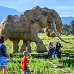 Esta foto muestra a turistas tomando fotografías de la figura de un elefante hecho de paja de arroz en un parque de diversiones a orillas del lago Huay Tueng Thao en las afueras de Chiang Mai. | Foto:Mladen Antonov / AFP