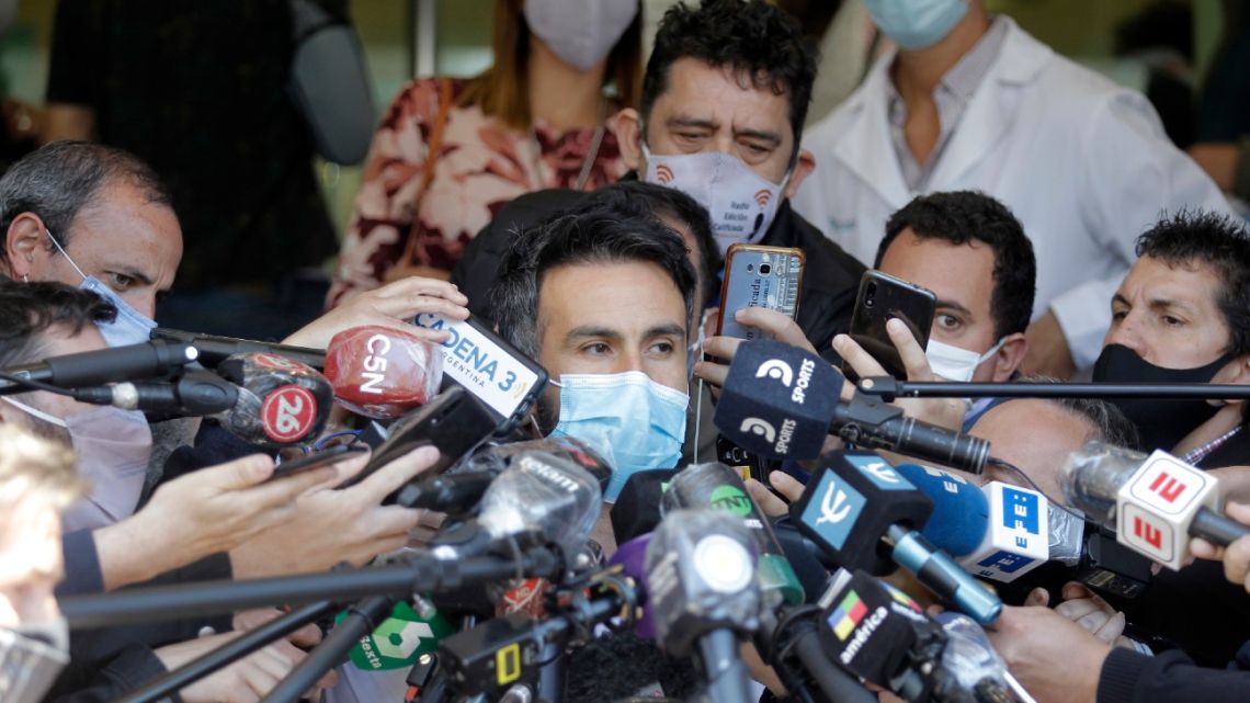 Leopoldo Luque, Diego Maradona's personal physician, gives a medical report outside the private clinic where he underwent a brain surgery for a blood clot, in Olivos, Buenos Aires province, on November 4, 2020. 