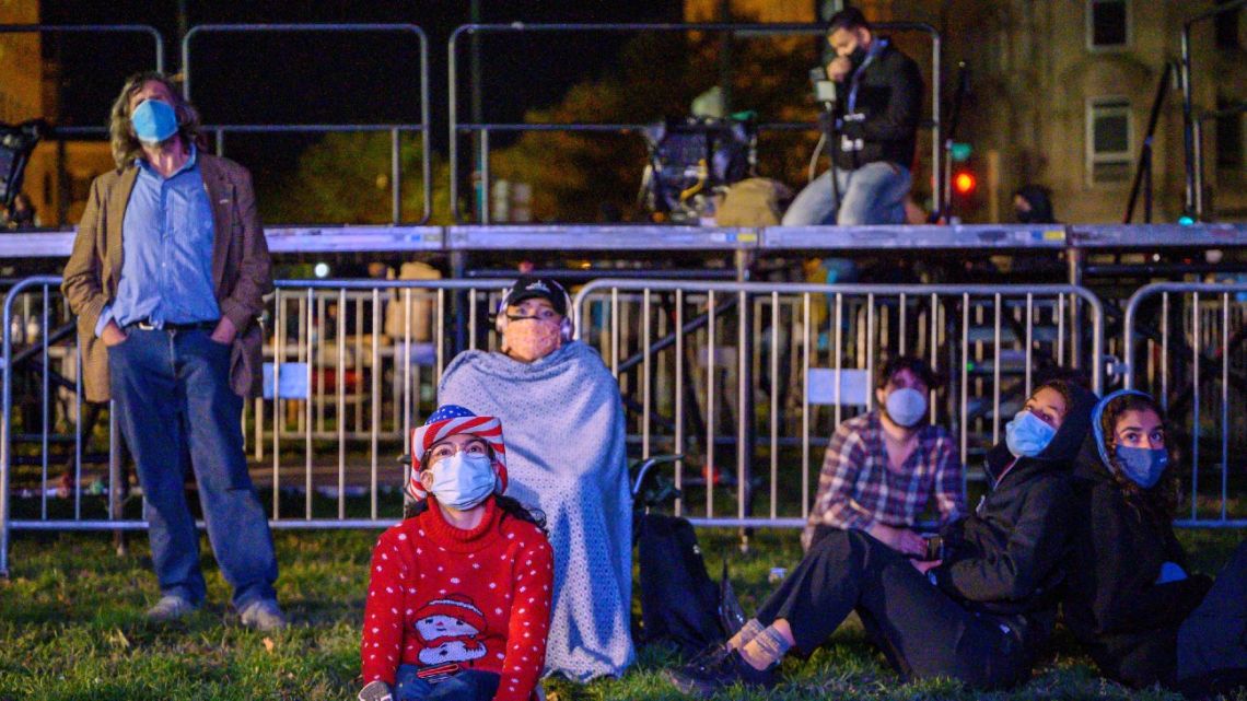 Supporters of Democratic presidential nominee Joe Biden worry as they watch the election results unfold on a giant screen in a square near the White House on November 3, 2020 in Washington, DC. 