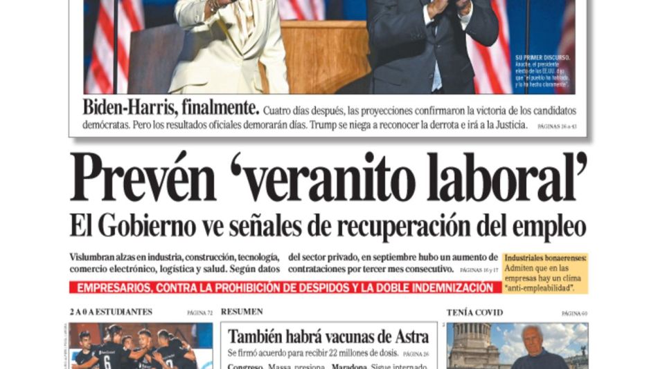 tapa Diario PERFIL domingo 8 de noviembre 2020
