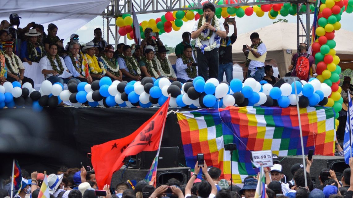 Former Bolivian president Evo Morales delivers a speech during a rally in Chimore, Chapare province, Cochabamba department, Bolivia, on November 11, 2020, after his return from exile. 