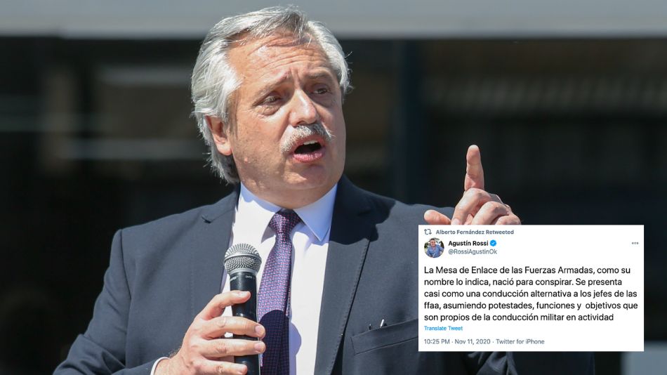 Alberto Fernandez retuiteó los mensajes de Agustín Rossi sobre la Mesa de Enlace militar-policial.