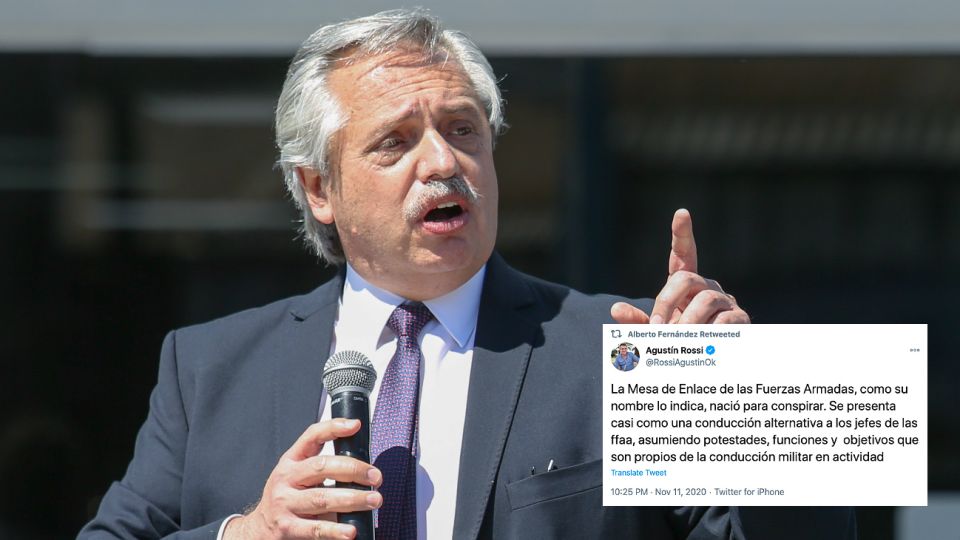 Alberto Fernandez retuiteó los mensajes de Agustín Rossi sobre la Mesa de Enlace militar-policial.