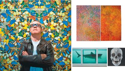 Hirst. A la izq., el artista. Al lado: una obra de Emily Kame Kngwarreye de 1991. Der. la de Damien Hirst, de 2018. Abajo: el tiburón y la calavera.