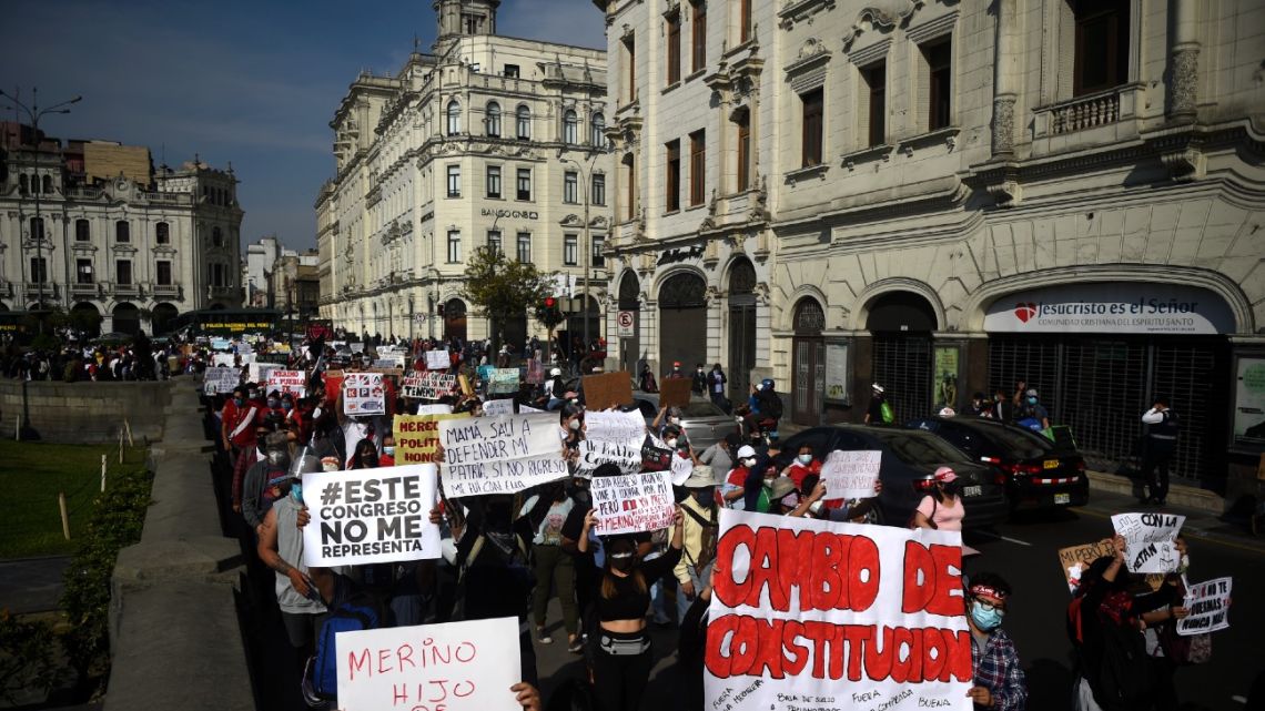 Supporters of Peruvian ousted President Martín Vizcarra demonstrate against the government of interim president Manuel Merino in Lima on November 14, 2020. 