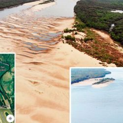 El diario El Telégrafo de Paysandú realizó un montaje de fotos que muestra cómo se encuentra seco el lecho entre las islas Queguay Grande (izquierda) y Queguay Chica (derecha).