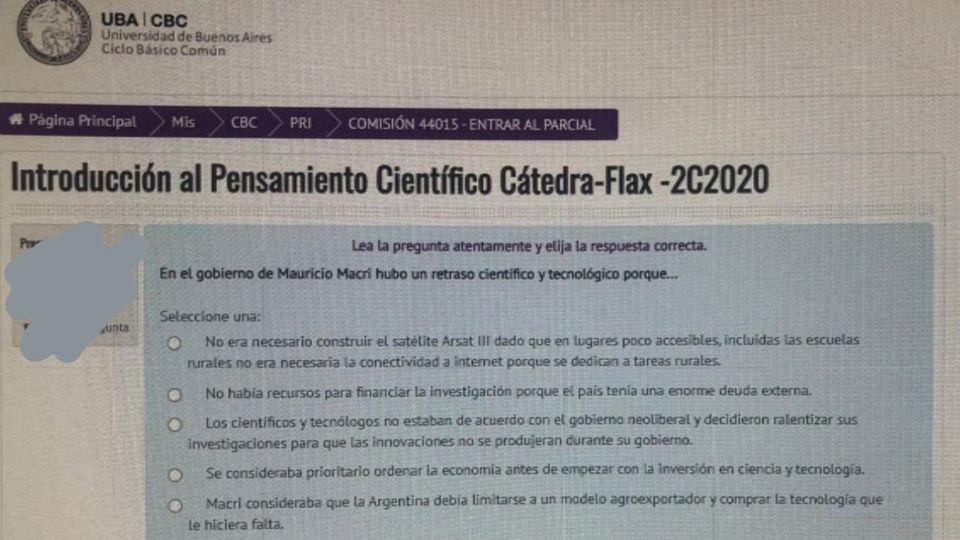 La captura del examen que tomó uno de los alumnos.