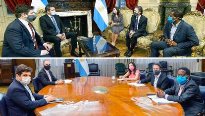 Misión. Los representantes del Fondo con Chodos y Massa, Guzmán, Batakis y De Pedro. Un hisopado positivo disparó protocolos.