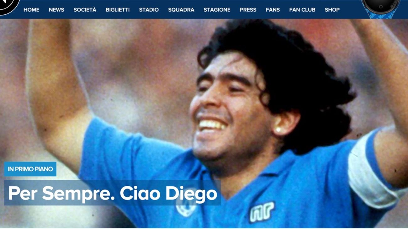 El sitio oficial de Napoli y su homenaje a Maradona, quien le dio al club su etapa más emocionante.