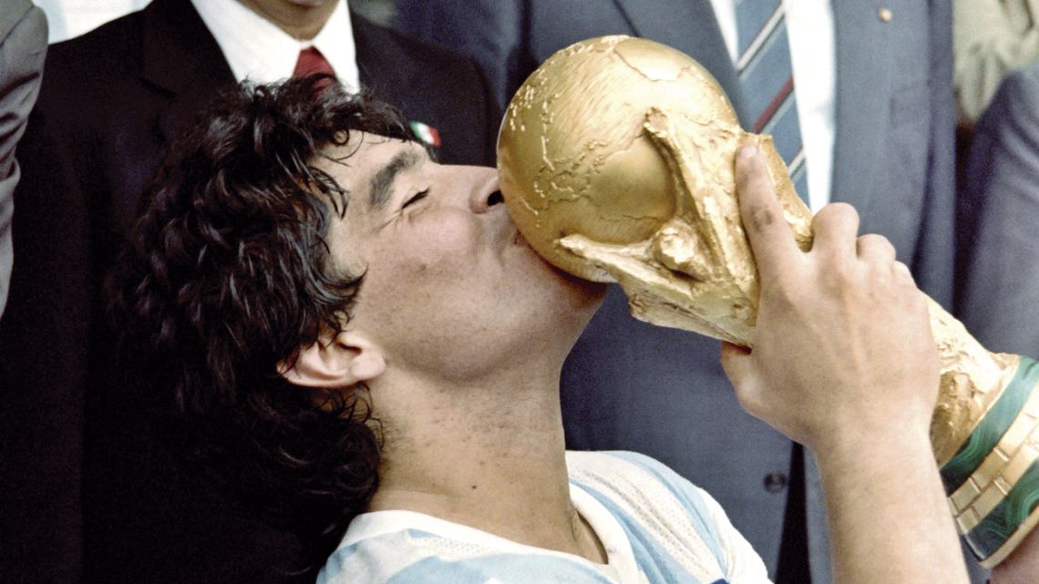 Diego Maradona kisses the World Cup trophy after Argentina’s 3-2 victory over West Germany in 1986, at the Azteca stadium, Mexico City.
