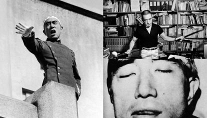 Mishima. El escritor japonés antes y después: en su despacho, manipulando una espada samurai, y durante la arenga en el cuartel general de Tokio del Comando Oriental de las Fuerzas de Autodefensa de Japón. En la última foto, su cabeza decapitada.