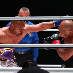 Roy Jones Jr. lanza un puñetazo en la segunda ronda contra Mike Tyson en Los Ángeles. California. | Foto:Joe Scarnici / Getty Images Norteamérica / AFP