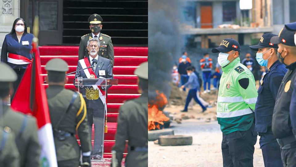 Contraste. El presidente y una de las protestas en las calles.