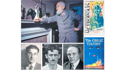 Disponibles. Arriba, George Bernard Shaw. Siguiendo el sentido de las agujas del reloj: Metrópolis, de The von Harbou; la primera edición del Gran Gatsby; Edgar Lee Master; George Orwell y Cesare Pavese.