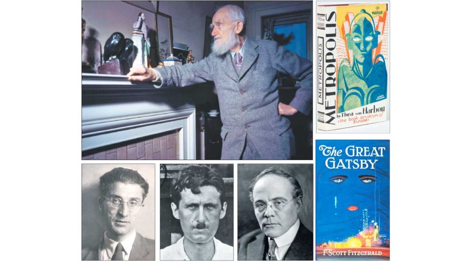 Disponibles. Arriba, George Bernard Shaw. Siguiendo el sentido de las agujas del reloj: Metrópolis, de The von Harbou; la primera edición del Gran Gatsby; Edgar Lee Master; George Orwell y Cesare Pavese.