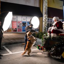 Una mujer y su perro posan para una foto con Santa Claus en un centro comercial en Miami. | Foto:Chandan Khanna / AFP