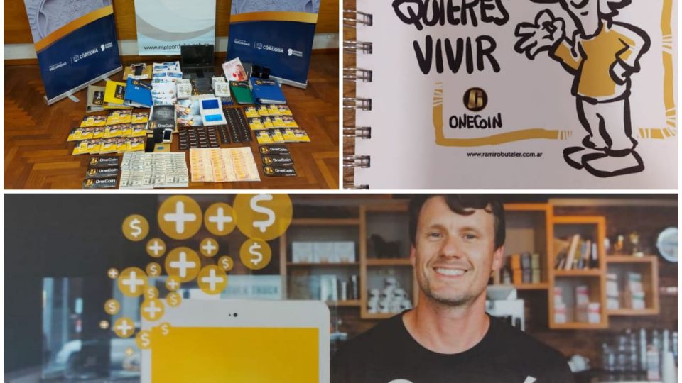 MATERIAL SECUESTRADO. OneLife promocionaba la criptomoneda Onecoin y lograron captar una cantidad importante de inversores en Córdoba.
