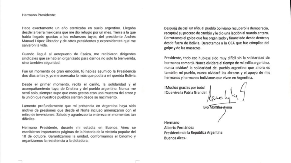 Carta Evo Morales Alberto Fernández