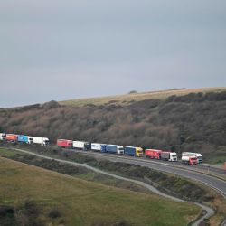 Los camiones de carga hacen cola en la ruta principal hacia el puerto de Dover en la costa sur de Inglaterra. | Foto:Justin Tallis / AFP
