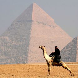 Un policía egipcio vestido con una máscara monta un camello frente a las pirámides de Giza en las afueras al suroeste de la capital egipcia, El Cairo. | Foto:Khaled Desouki / AFP