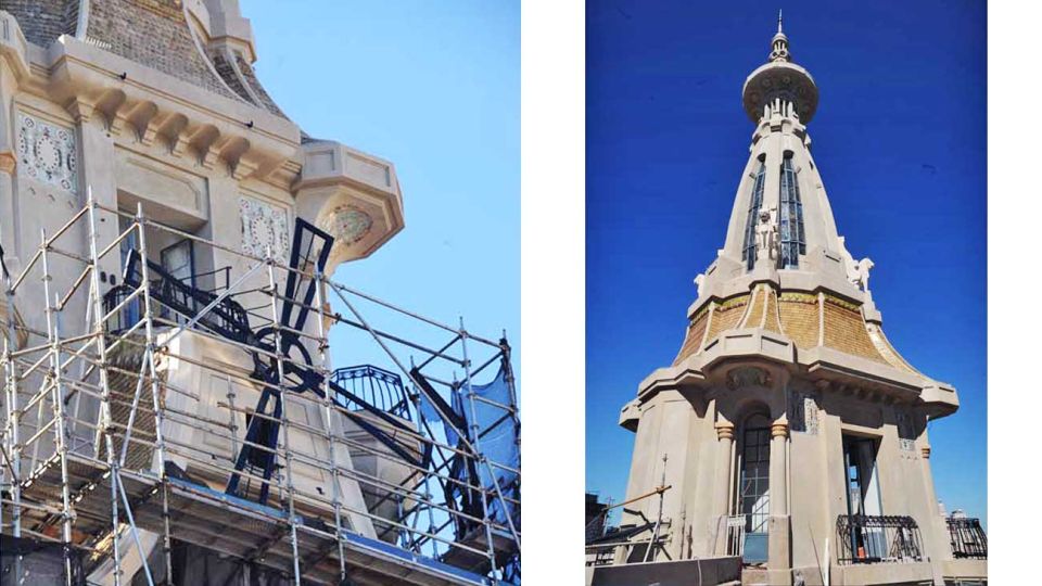 Cúpula. Se recuperó por completo, al igual que las aspas, que además de estar iluminadas volvieron a girar después de décadas. Ya comenzaron a retirarse los andamios de las fachadas.