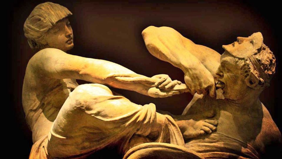 Lucha. Escultura de Alfred Stevens (1817-75): la Verdad arranca la doble lengua de Falsedad.
