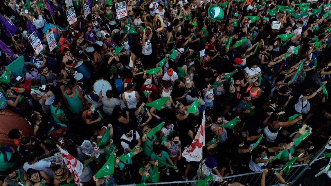 Aerial view showing abortion rights activists gathering outside the Congress as senators debate a landmark bill on whether to legalise abortions, on December 29, 2020. 