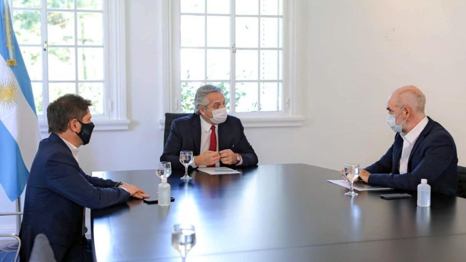 Encuentro. Alberto Fernández, Horacio Rodríguez Larreta y Axel Kicillof, el miércoles en Olivos.