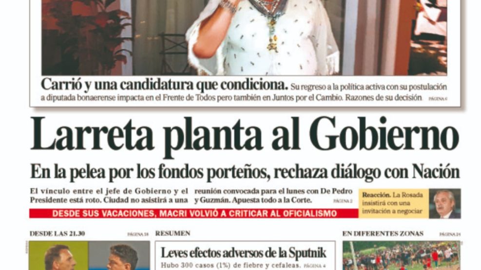 La tapa de la edición impresa de este sábado 2 de enero.