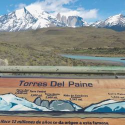 Cartel con infografía, nombres y alturas de los principales cerros del Parque Torres del Paine.
