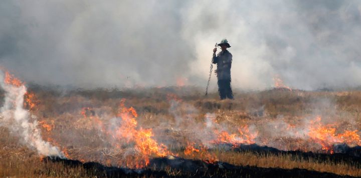 Un agricultor tailandés quema un campo de arroz en la provincia de Nakhon Sawan.