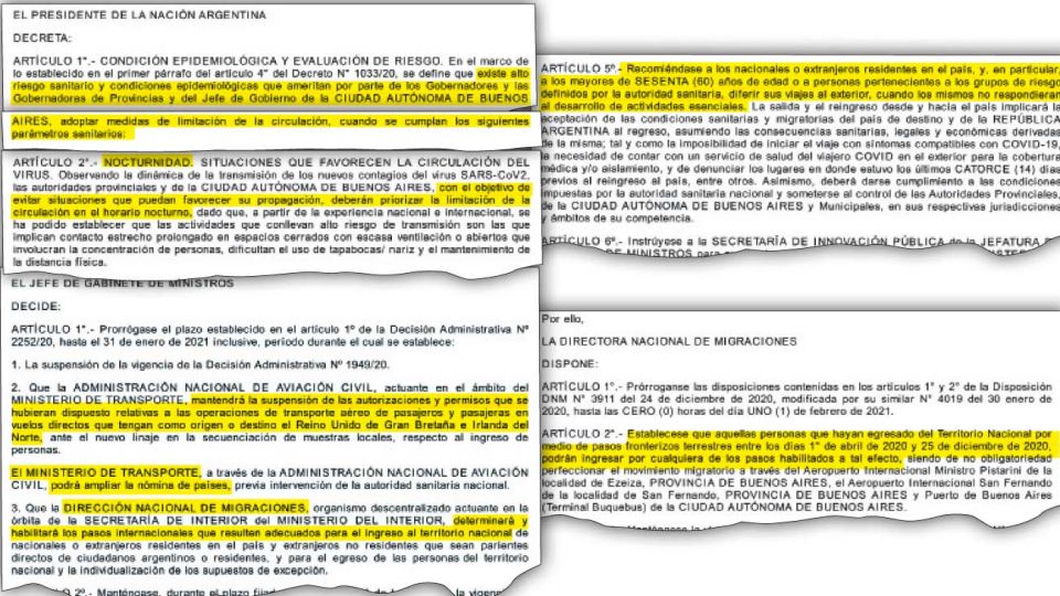 El decreto 4/2021 pone límites a la noche. Además se firmó una resolución por los viajes al exterior y una disposición por los ingresos.
