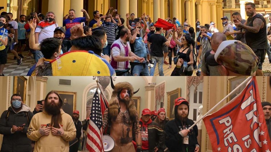 Casa Rosada - Capitolio. El ingreso de barras durante el velorio de Maradona y de fans de Trump al Capitolio.