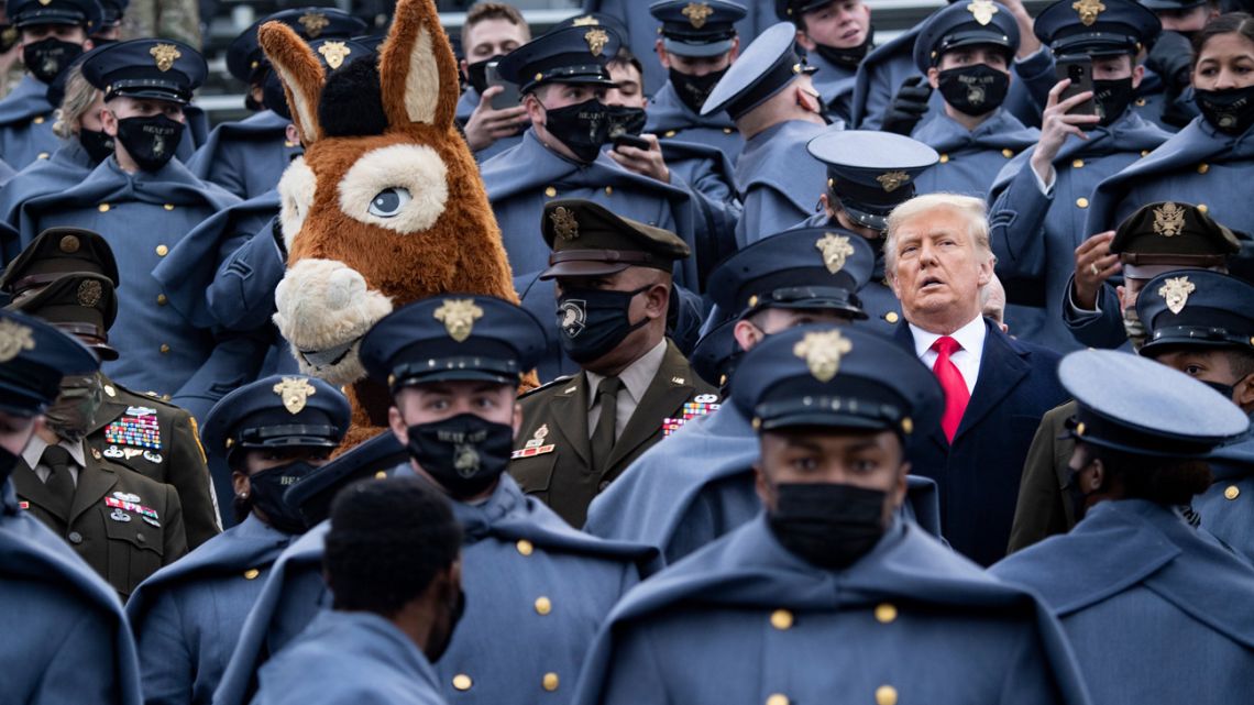 US President Donald Trump joins West Point cadets during the Army-Navy football game at Michie Stadium on December 12, 2020 in West Point, New York. 