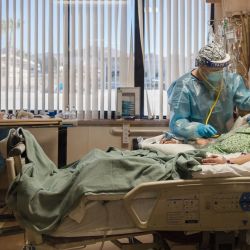 Una enfermera titulada atiende a un paciente con Covid-19 en la Unidad de Cuidados Intensivos del Centro Médico Providence St. Mary en Apple Valley, California. | Foto:Ariana Drehsler / AFP