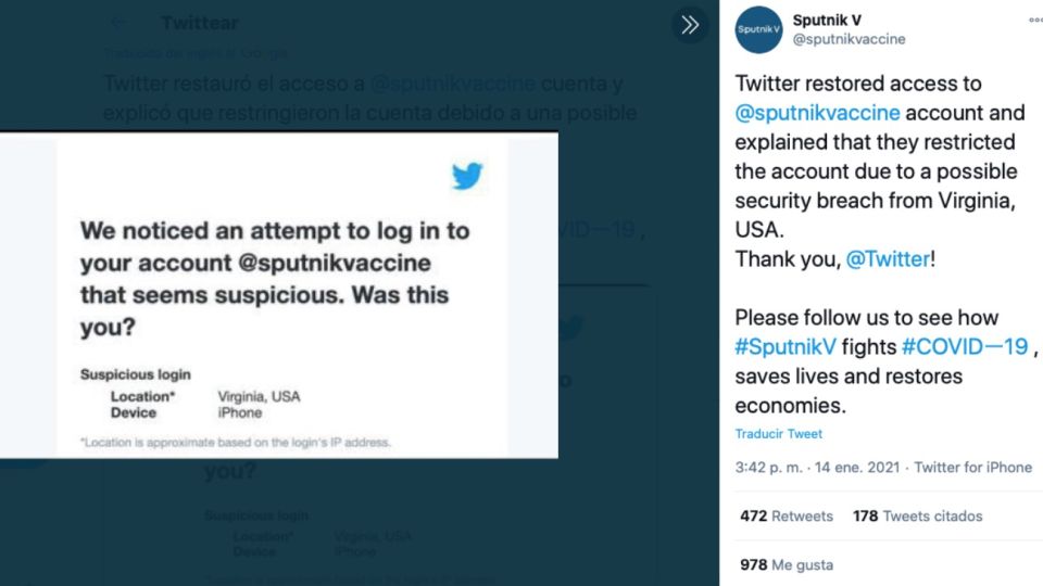 La cuenta @sputnikvaccine fue suspendida por una presunta amenaza a su seguridad