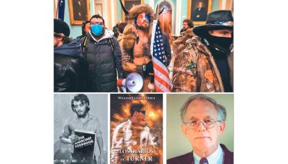 Protagonistas. Arriba, el ataque al Capitolio del pasado 6 de enero. Abajo, izq., el joven William Powell y su libro. Al lado, Los diarios de Turner y su autor.