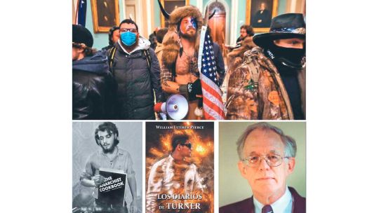 Protagonistas. Arriba, el ataque al Capitolio del pasado 6 de enero. Abajo, izq., el joven William Powell y su libro. Al lado, Los diarios de Turner y su autor.