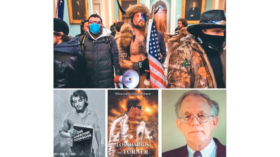 Protagonistas. Arriba, el ataque al Capitolio del pasado 6 de enero. Abajo, izq., el joven William Powell y su libro. Al lado, Los diarios de Turner y su autor.