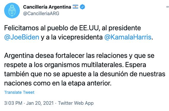 El tweet que envió Cancillería a Joe Biden.
