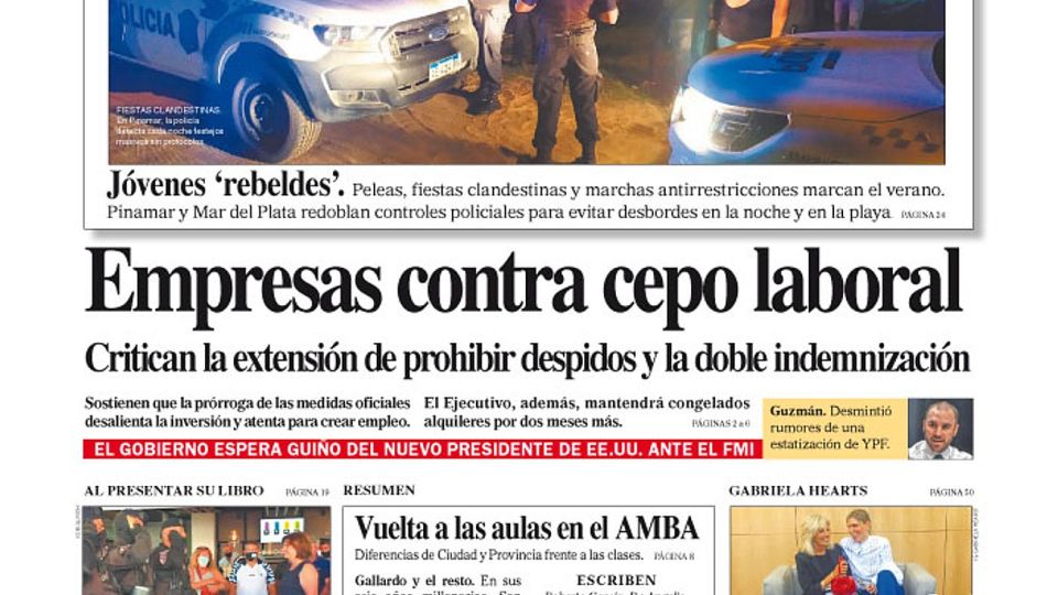 La tapa del Diario PERFIL del sábado 23 de enero de 2021.