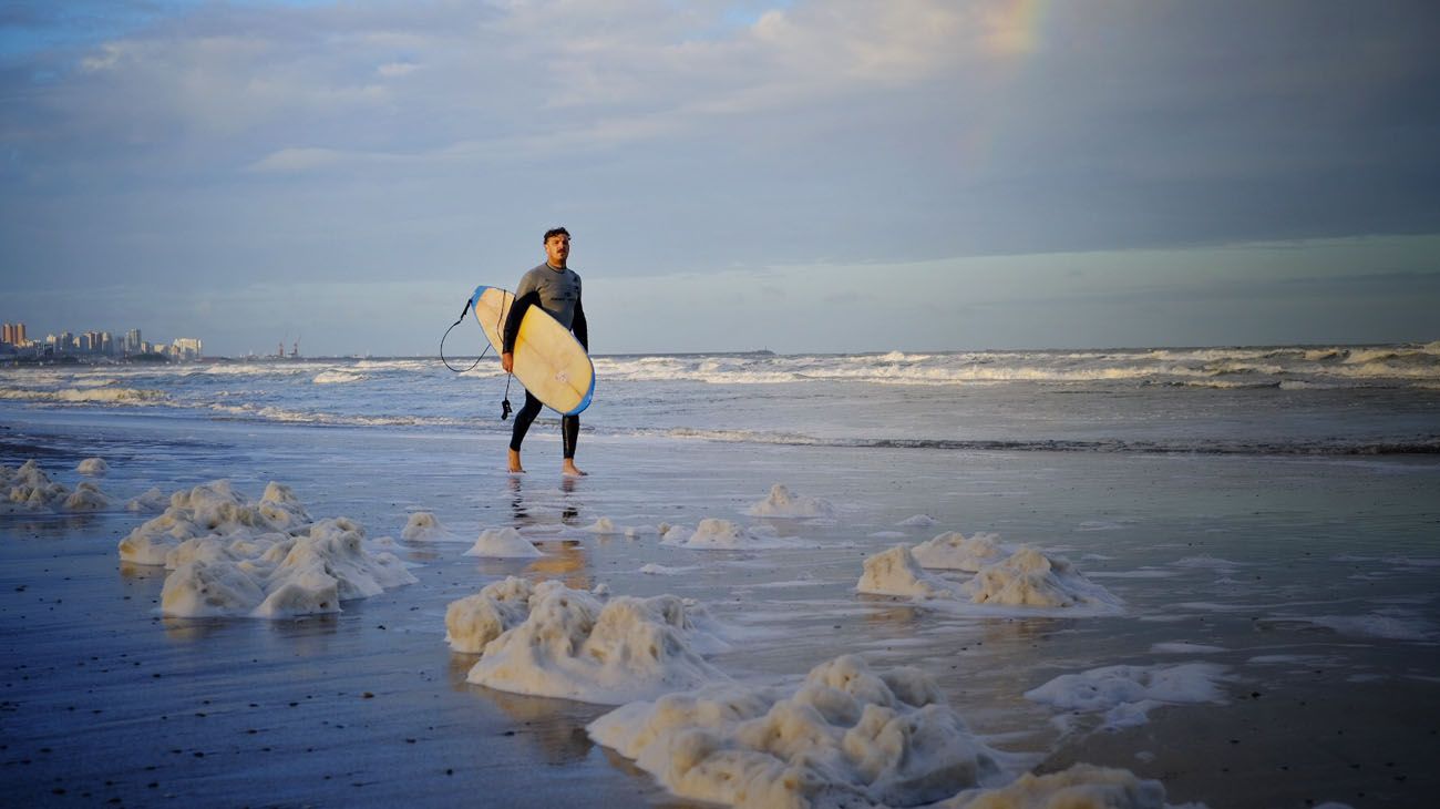 Una densa espuma marina, sin efectos nocivos para los bañistas, cubrió hoy las playas de Mar del Plata y Santa Clara del Mar, lo que soprendió a los pocos turistas que aprovecharon los disntos balnearios en un día nublado y con lloviznas pasajeras.