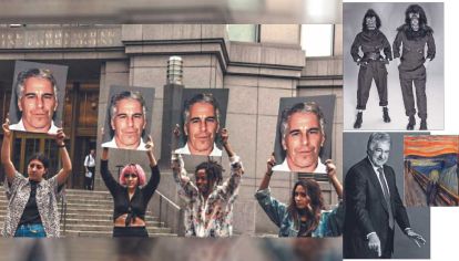 Protagonistas. Una manifestación contra Jeffrey Epstein (izq.). Leon Black y El grito, de Munch. y dos Guerrilla Girls (der.).